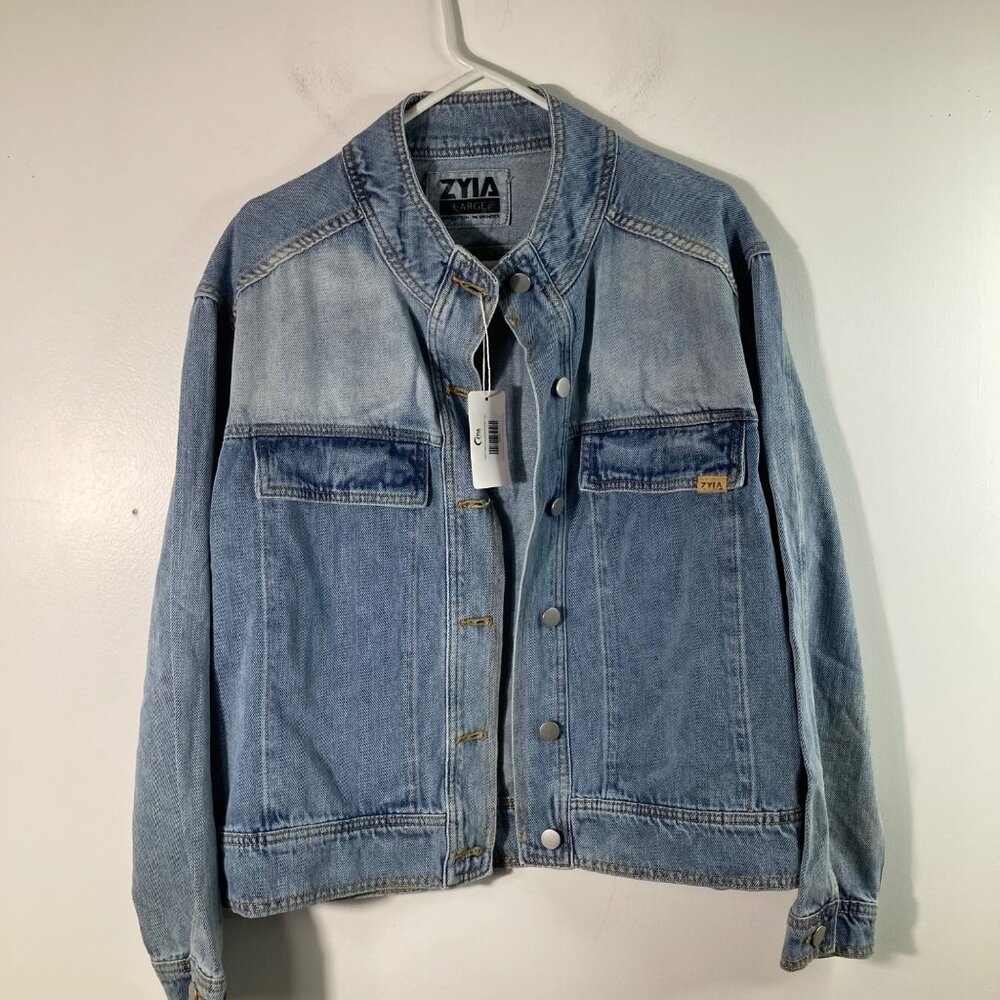 Womens Zyia Faded Indigo Crossroads Denim Jacket Blue L Cotton Spandex NWT
